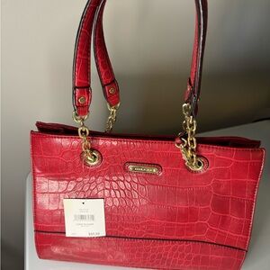 Anne Klein Red Croc-Embossed Shoulder Bag with Gold Accents